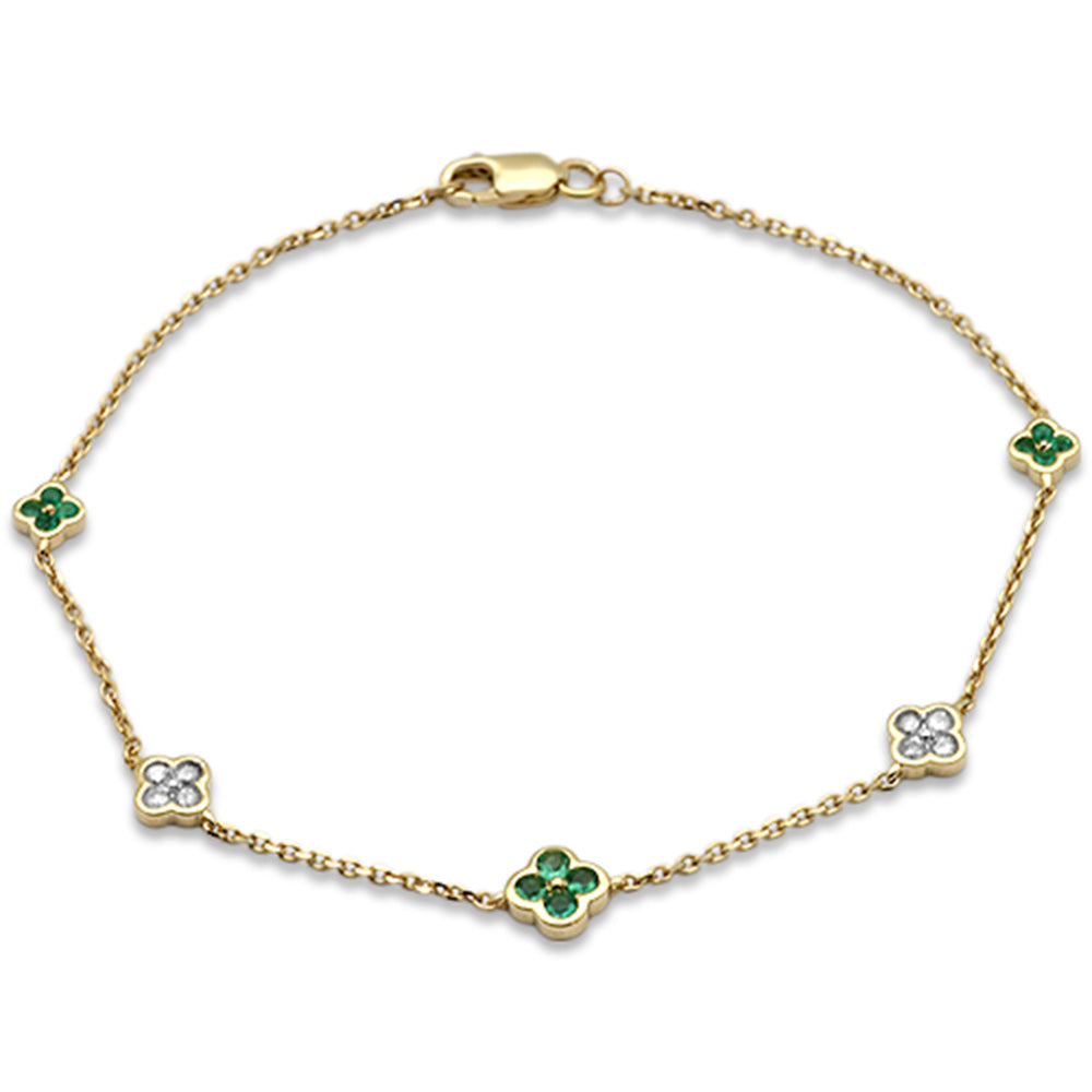 14K yellow gold flower bracelet with 0.43ct diamonds and emeralds
