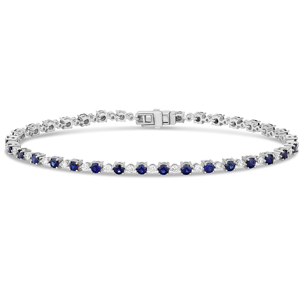 Pulsera Tennis De Zafiro Azul Y Diamante En Oro Blanco De 14K 3.07Ct