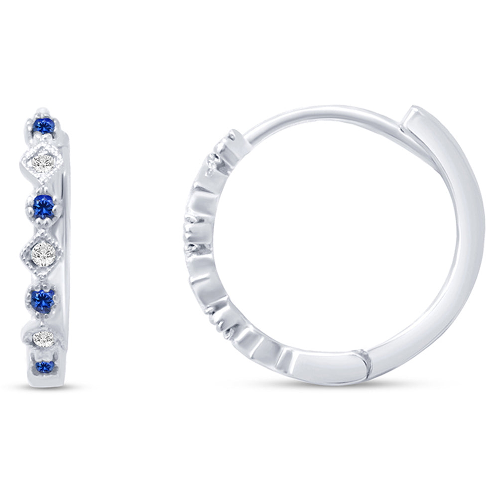 14k white gold hoop earrings with diamonds and blue sapphire, 0.16CT.