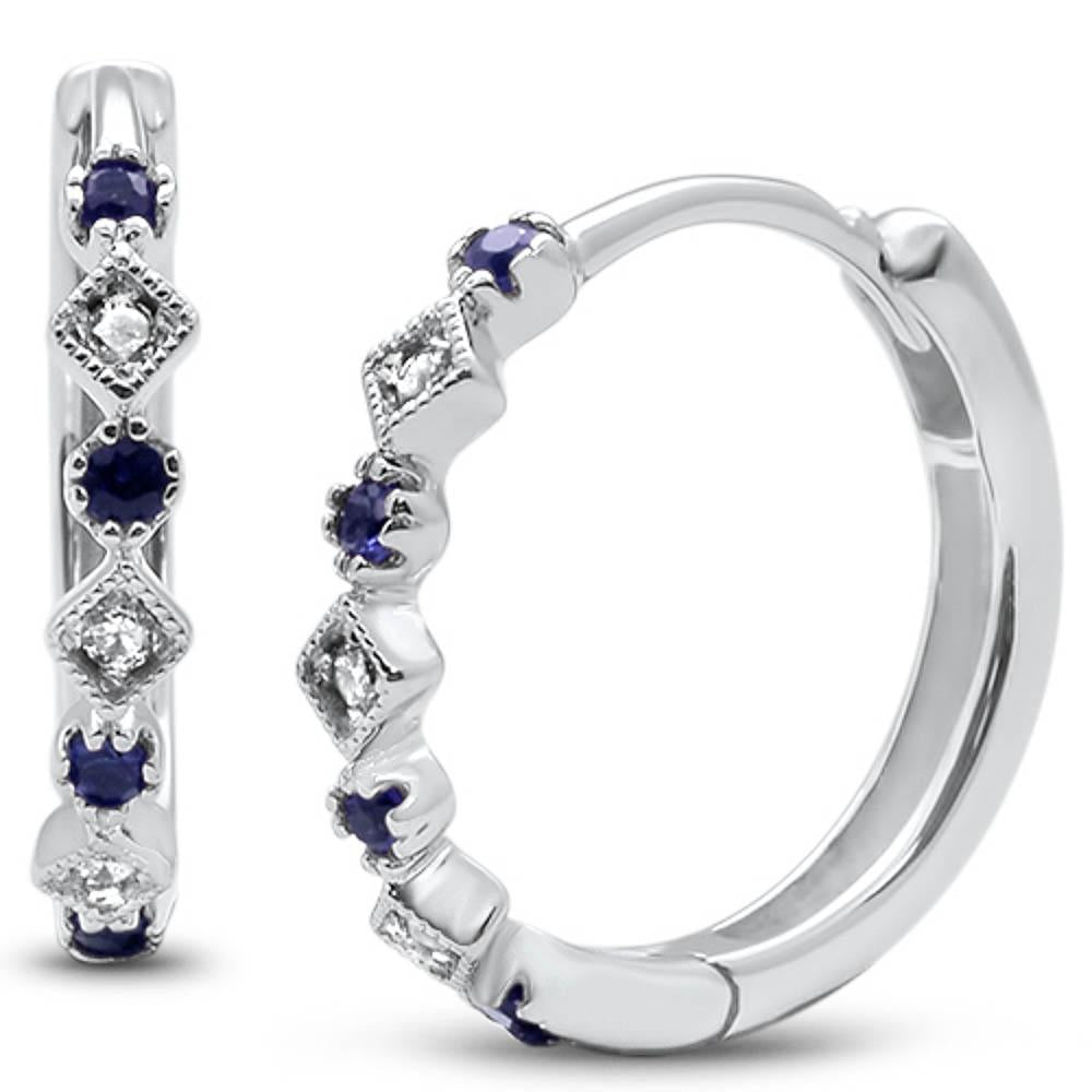 14k white gold hoop earrings with diamonds and blue sapphire, 0.16CT.