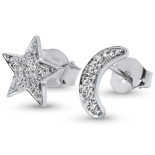 Aretes Stud Estrella Luna De Diamante En Oro Blanco De 14K .11Ct