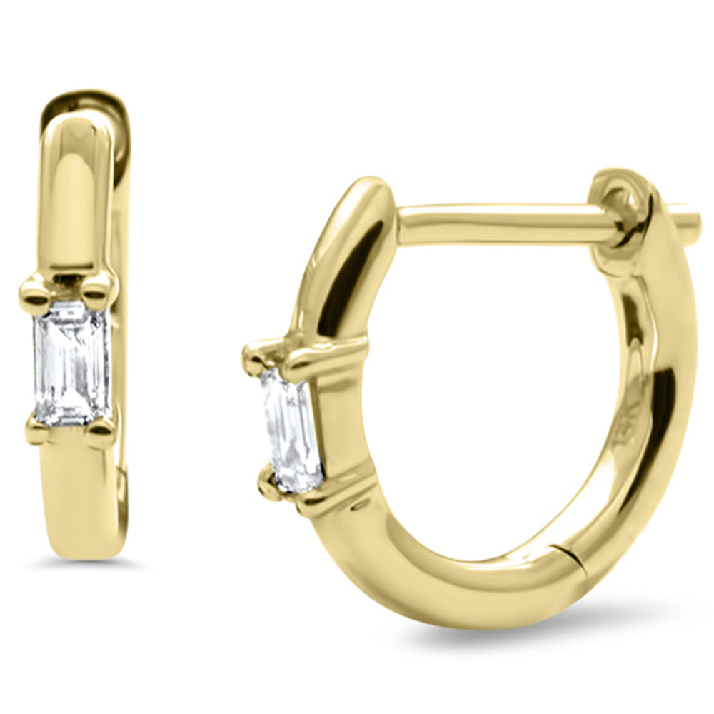 14k gold earrings with 0.08ct G SI baguette diamond. Small hoop type