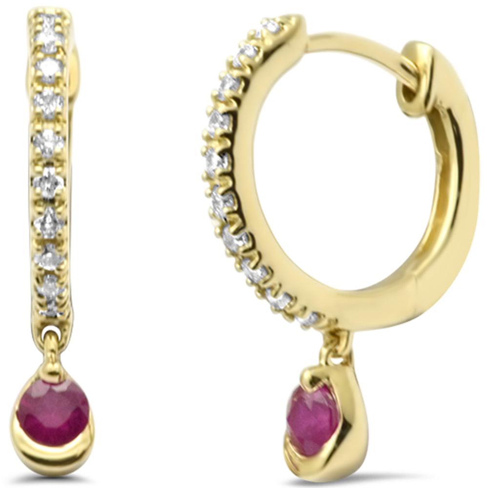 14K yellow gold small hoop earrings with 0.22ct G SI diamonds and rubies