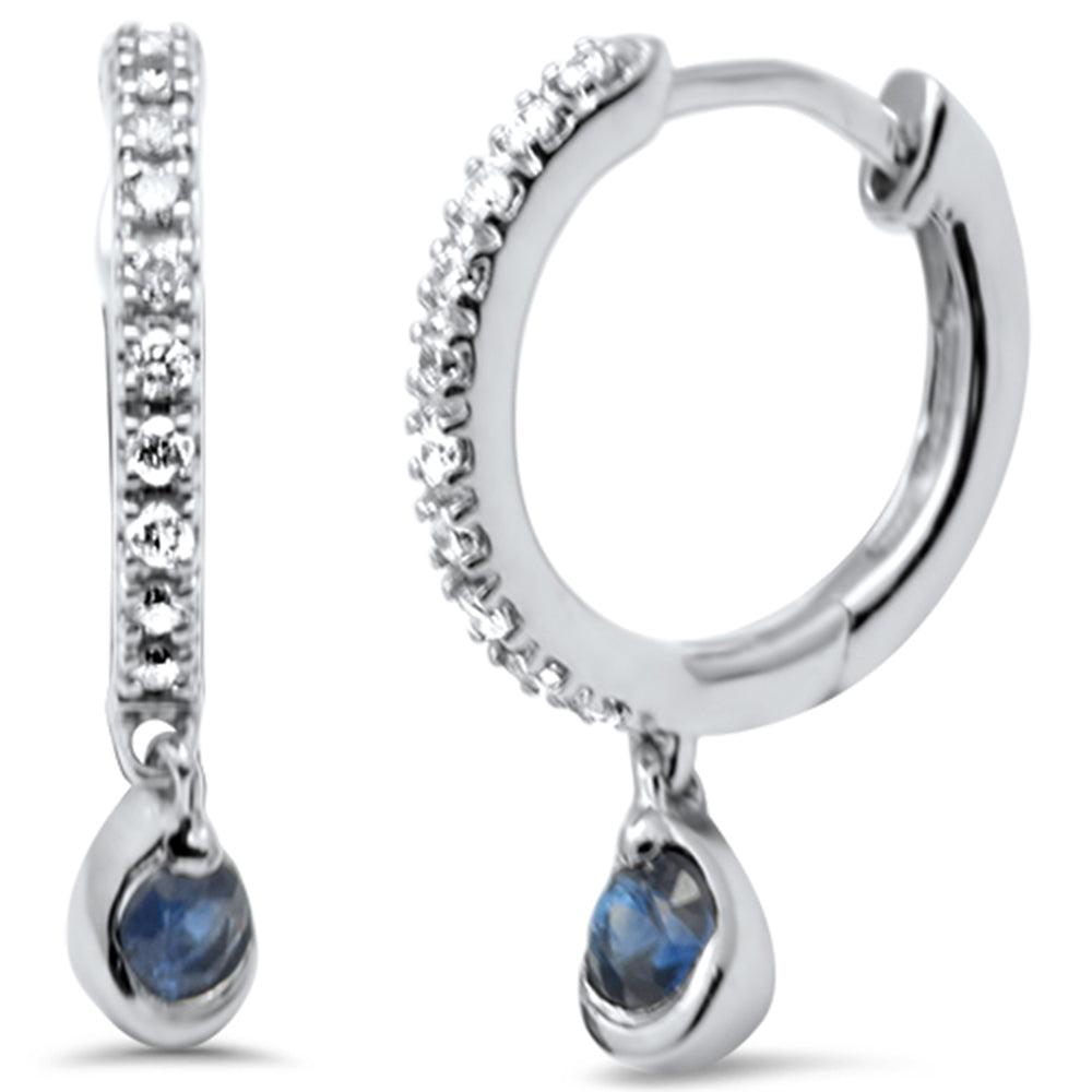 Small Blue Sapphire and Diamond Hoop Earrings in 14K White Gold Post &amp; Click, 0.24CT.