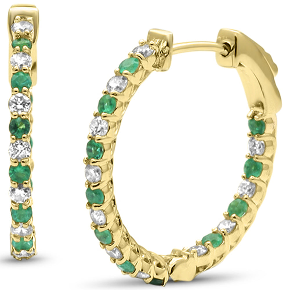 Aretes Hoop De Esmeralda Y Diamante En Oro Amarillo De 14K .71Ct