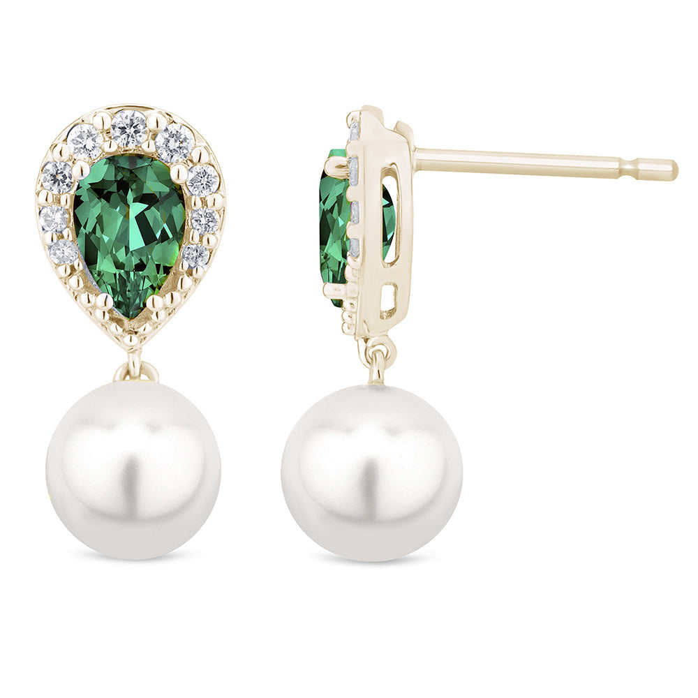 Diamond &amp; Emerald &amp; Pearl Earrings in 14K Yellow Gold 0.83 CT