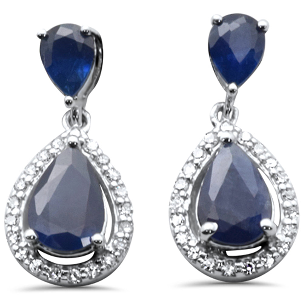 14K white gold earrings with pear-shaped diamonds and blue sapphire, 1.48CT.