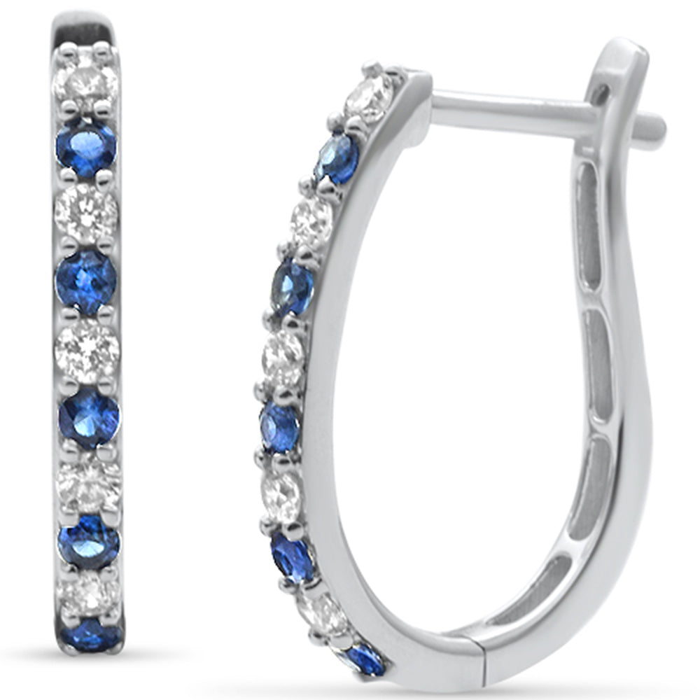 Blue Sapphire and Diamond Hoop Earrings in 14K White Gold, 0.61CT.