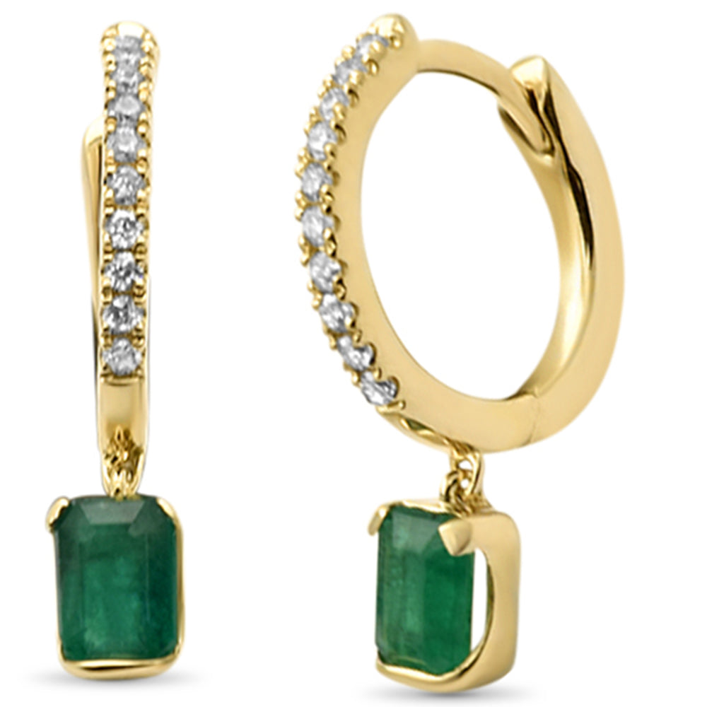 14K yellow gold hoop dangle earrings with 0.54ct G SI diamonds and emeralds.