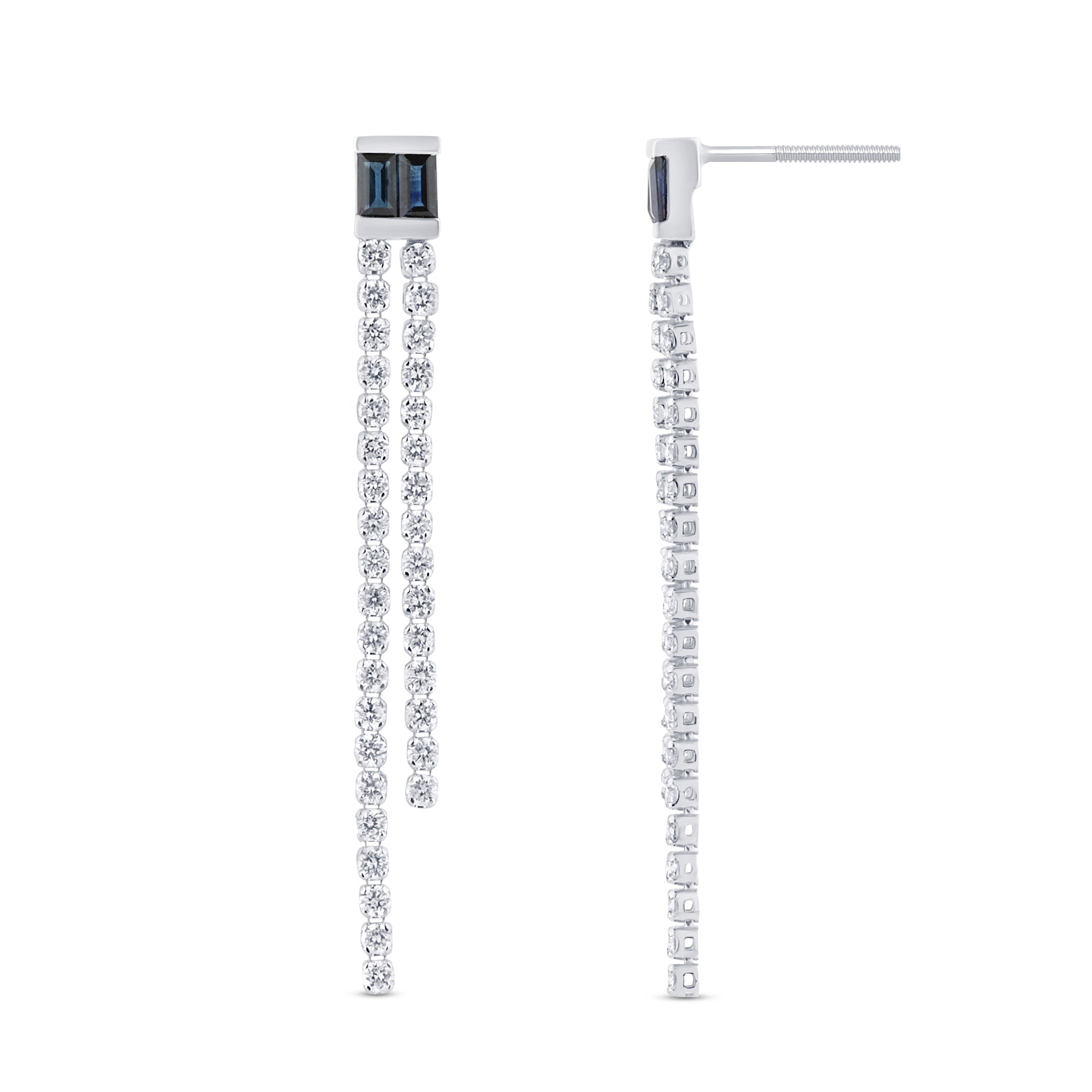Blue Sapphire and Diamond Dangle Earrings in 14K White Gold, 1.59CT.