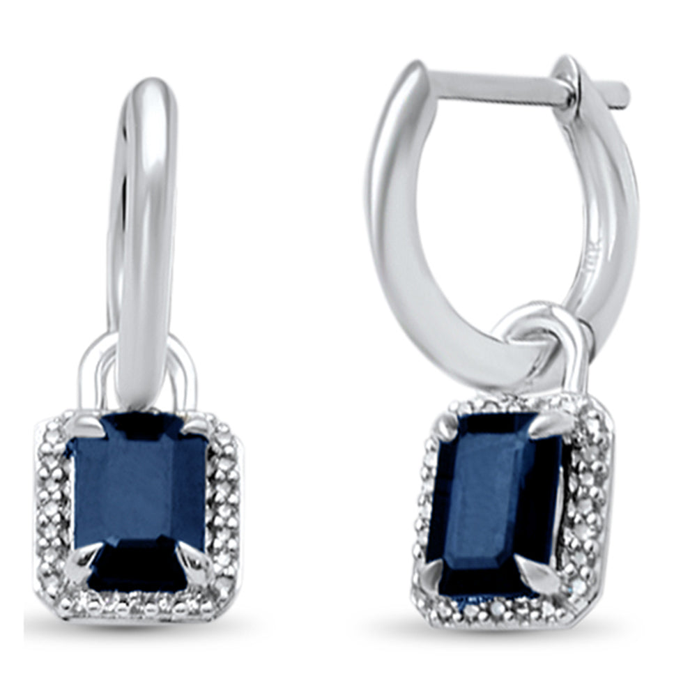 Blue Sapphire and Diamond Dangle Hoop Earrings in 14K White Gold, 1.41CT.