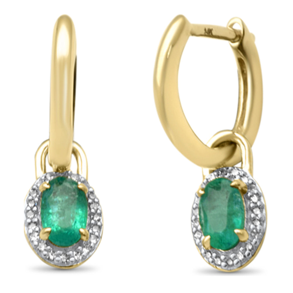 14K yellow gold hoop dangle earrings with 0.50ct G SI diamonds and emeralds.