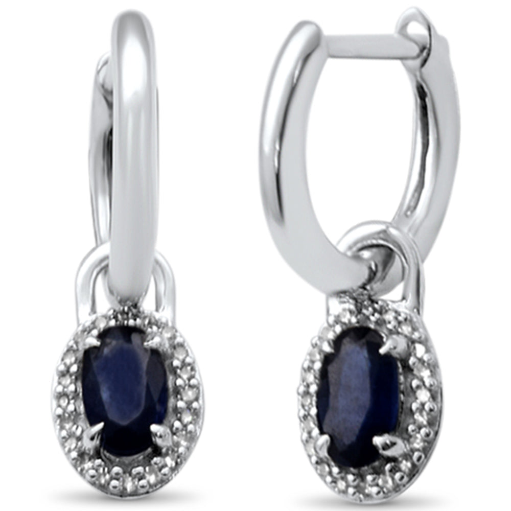 14K White Gold Blue Sapphire and Round Diamond Dangle Hoop Earrings, 0.73CT.