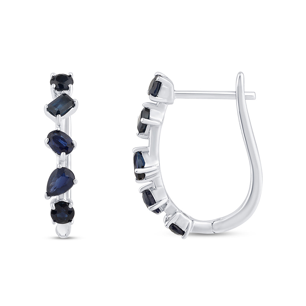 Blue Sapphire Hoop Earrings in 14K White Gold, 1.48CT.