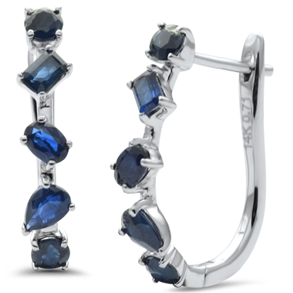 Blue Sapphire Hoop Earrings in 14K White Gold, 1.48CT.