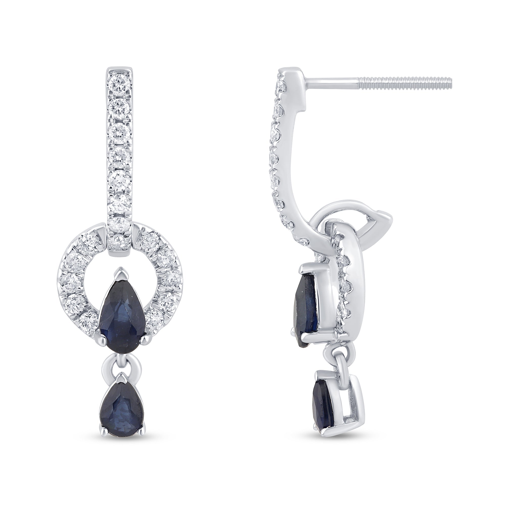 Aretes Drop Dangle De Zafiro Azul Y Diamante En Oro Blanco De 14K 1.22Ct