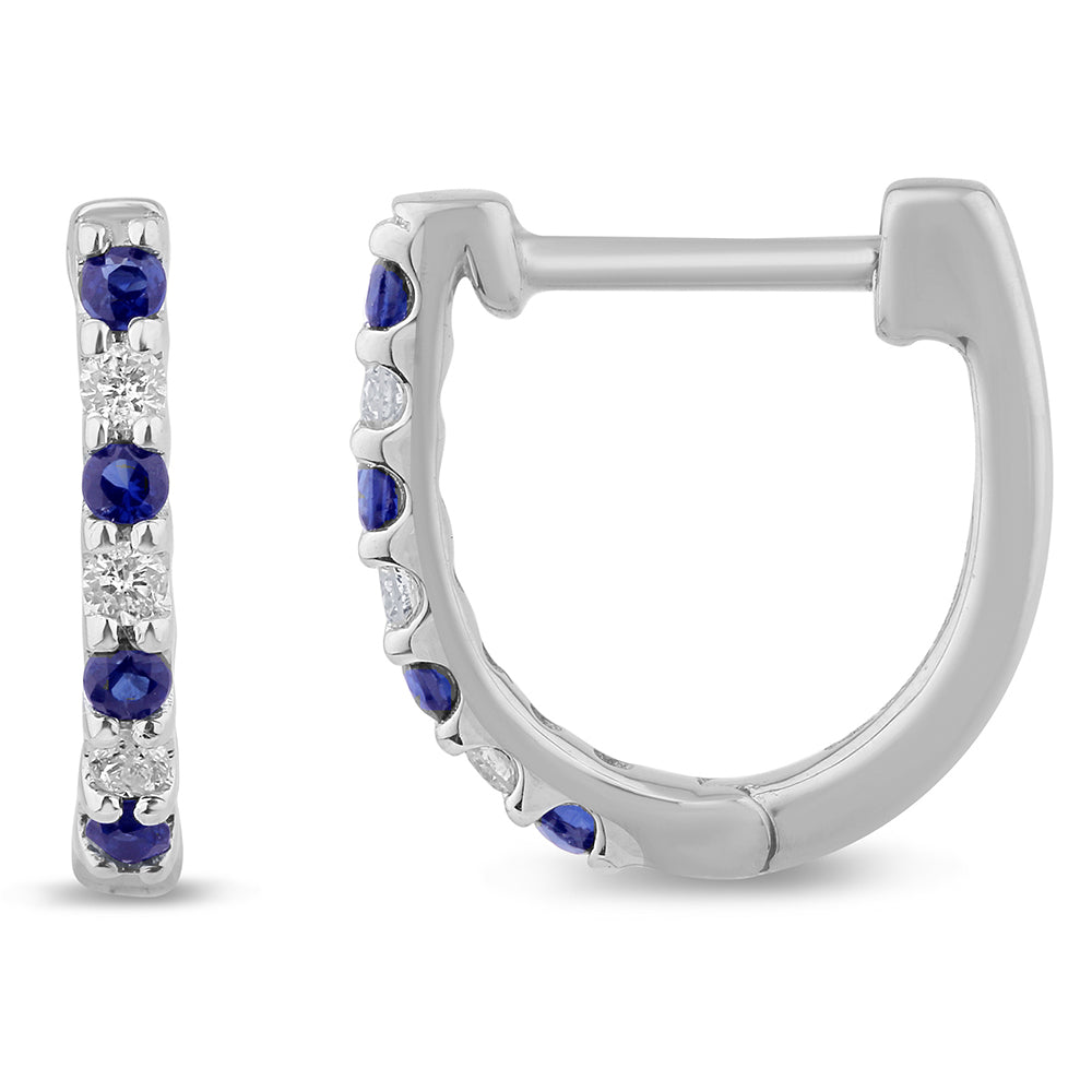 Blue Sapphire and Diamond Hoop Earrings in 14K White Gold, 0.27CT.