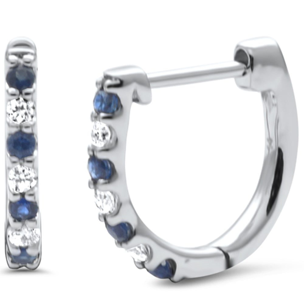 Blue Sapphire and Diamond Hoop Earrings in 14K White Gold, 0.27CT.