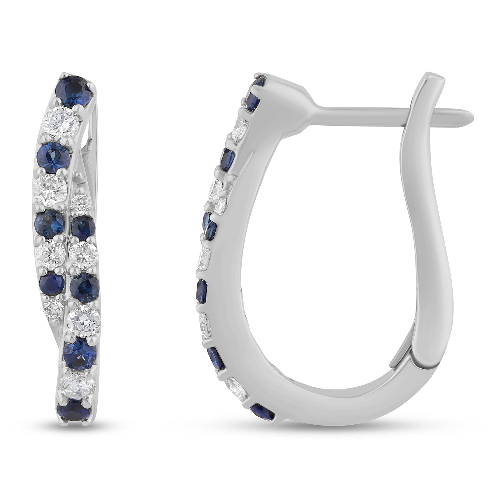 Aretes Hoop De Zafiro Azul Y Diamante En Oro Blanco De 14K .55Ct