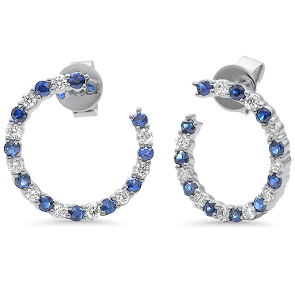 Blue Sapphire and Diamond Hoop Earrings in 14K White Gold, 1.19CT.