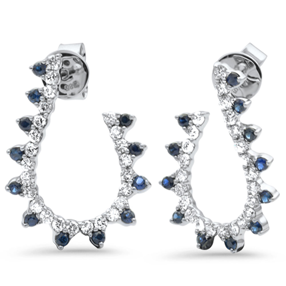 J-shaped hoop earrings with diamonds and blue sapphire in 14K white gold, 1.11CT.