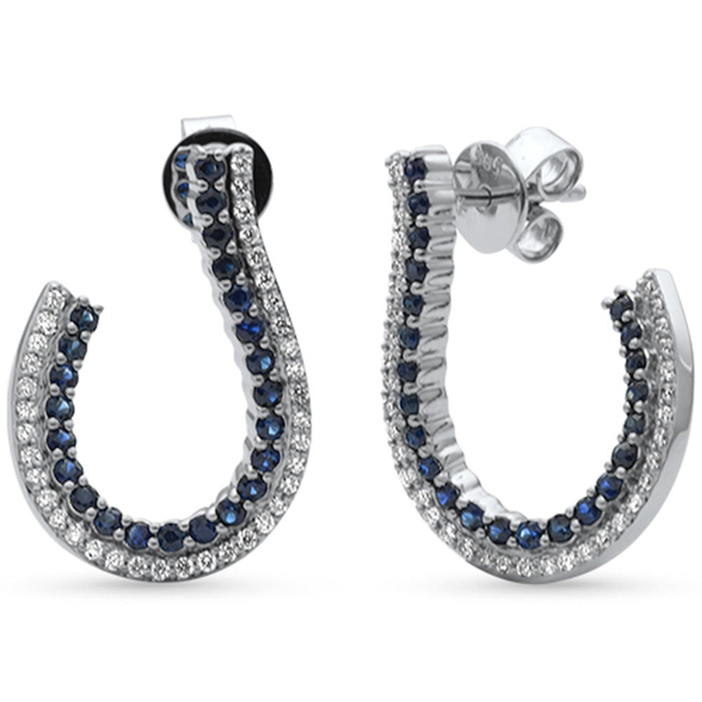 14K White Gold J-Shaped Hoop Earrings with Diamonds and Blue Sapphire, 1.08CT.
