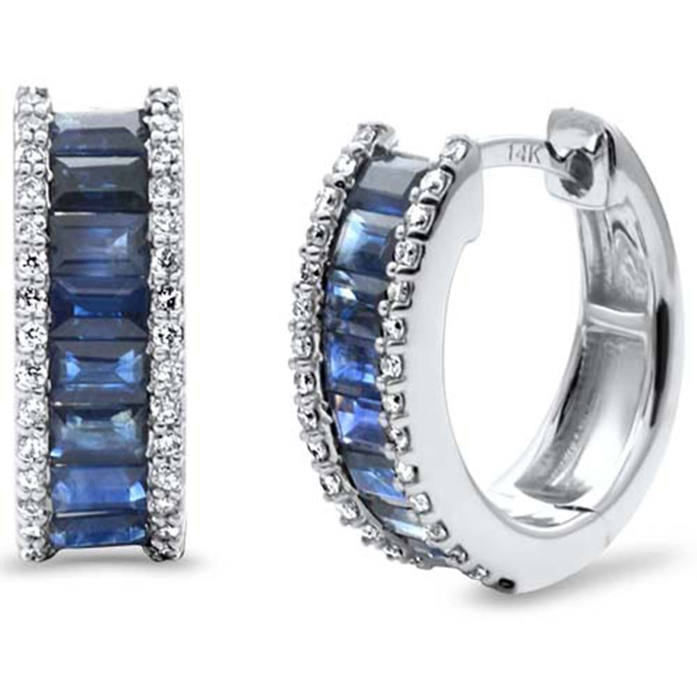Aretes Hoop De Zafiro Azul Y Diamante En Oro Blanco De 14K 1.91Ct