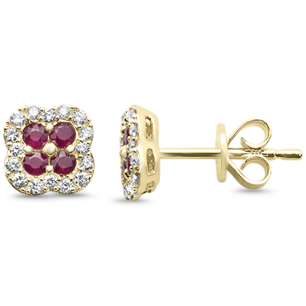 Aretes Clover De Rubí Y Diamante Y Piedra Preciosa En Oro Amarillo De 14K .47Ct