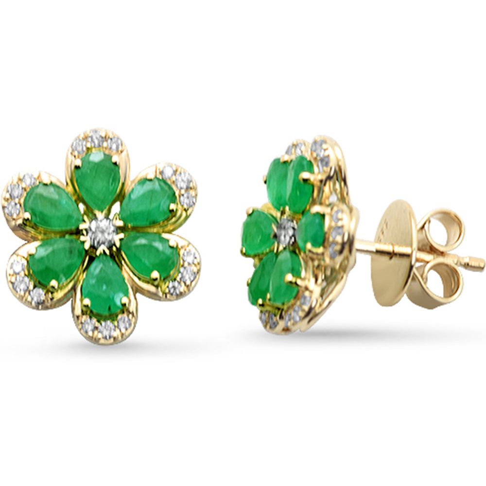 Aretes Flor De Esmeralda Y Diamante Y Piedra Preciosa En Oro Amarillo De 14K 1.86Ct