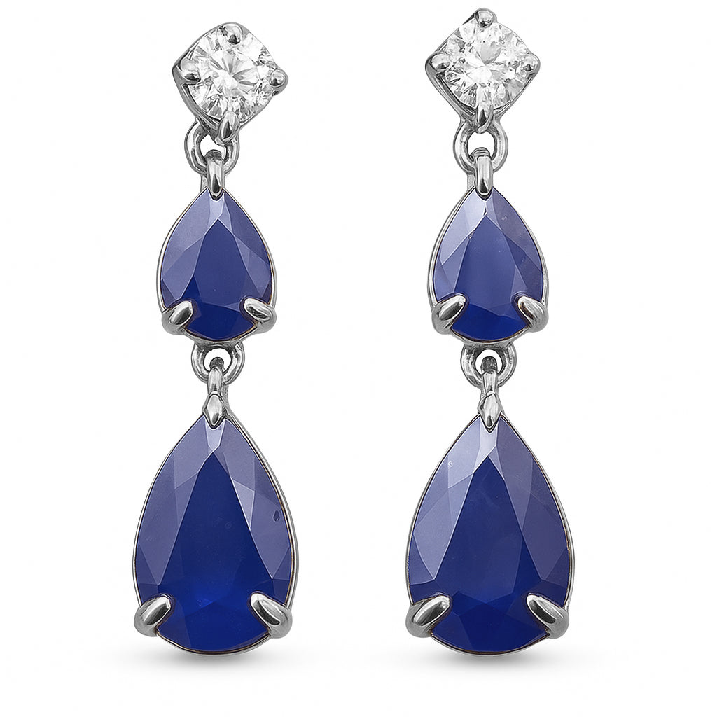 Aretes Drop Pera De Zafiro Azul Y Diamante Y Piedra Preciosa En Oro Blanco De 14K 1.32Ct