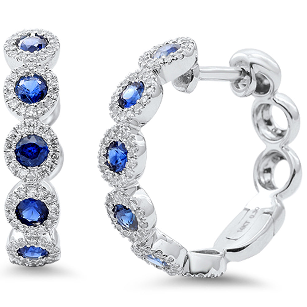 Aretes Hoop De Zafiro Azul Y Diamante Y Piedra Preciosa En Oro Blanco De 14K 1.09Ct