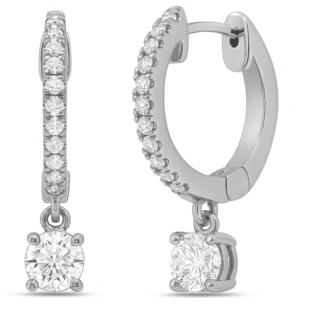 Aretes Dangle Hoop Huggie De Diamante En Oro Blanco De 14K .33Ct