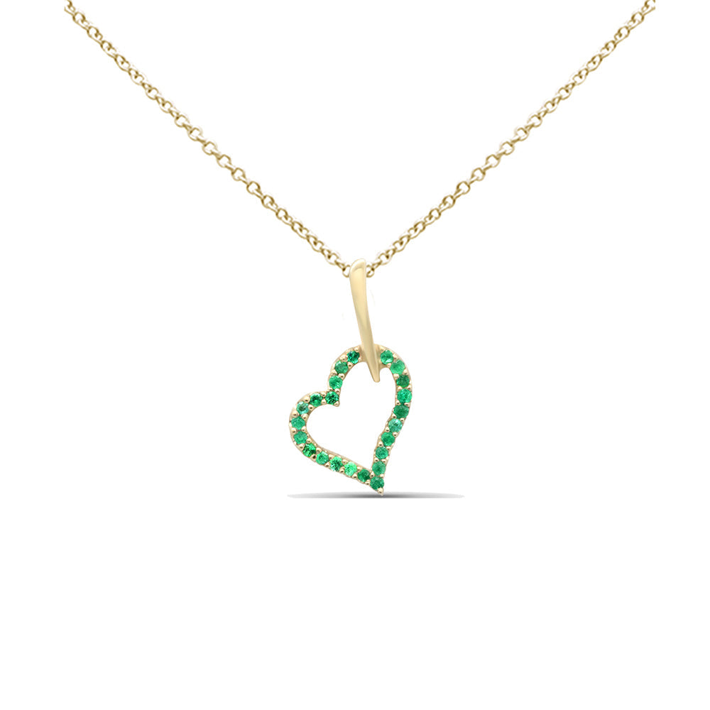 14K Yellow Gold Heart Pendant Necklace with 0.09ct G SI Emeralds, 45cm long.