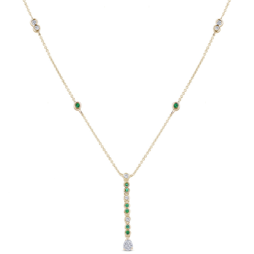 Collar Pendant De Esmeralda Y Diamante Y Piedra Preciosa En Oro Amarillo De 14K .22Ct