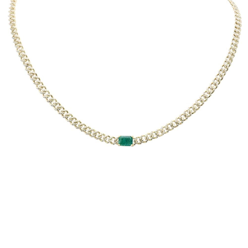 Collar Cubana De Esmeralda Y Diamante Y Piedra Preciosa En Oro Amarillo De 14K 1.82Ct