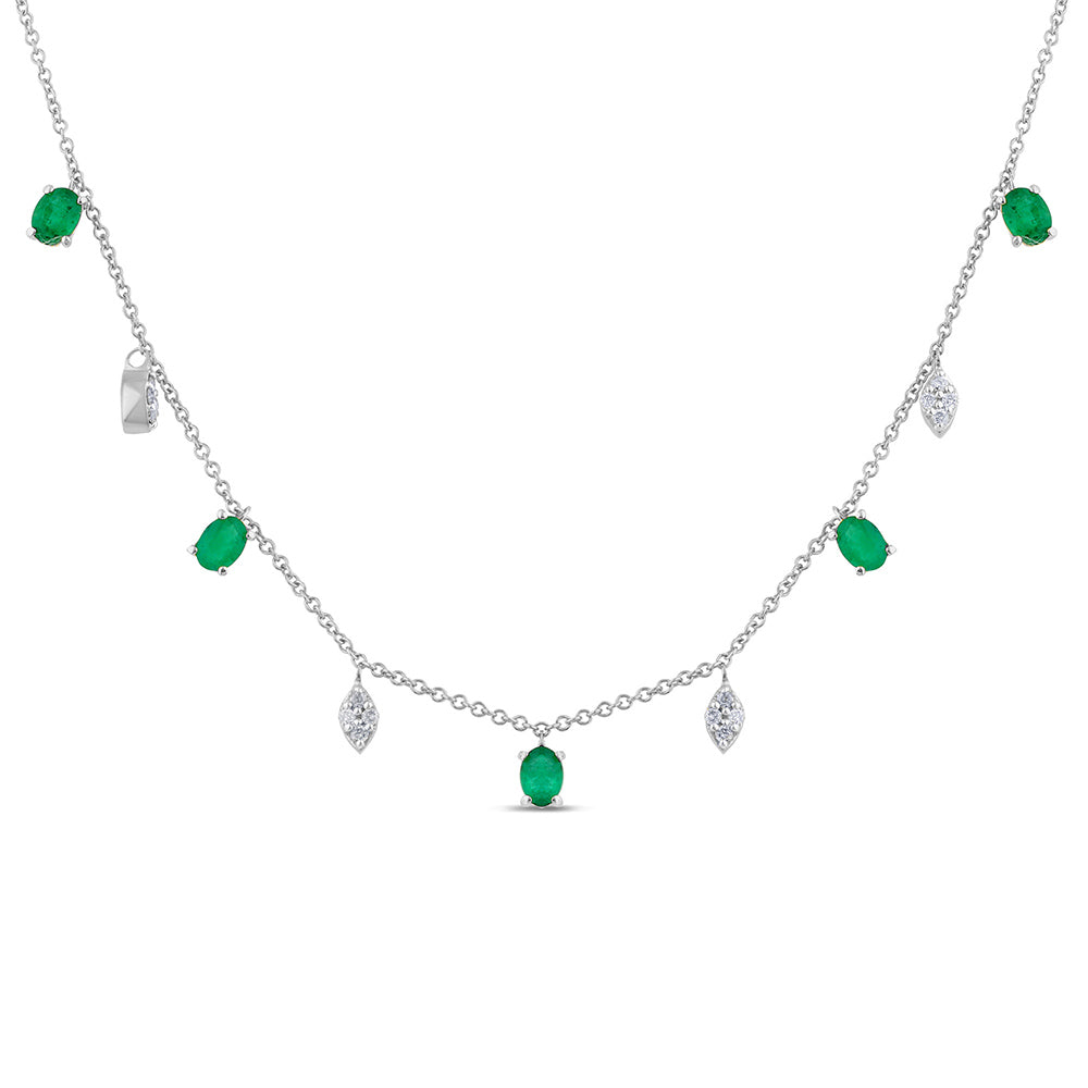 Diamond &amp; Emerald Necklace in 14K White Gold 0.91 CT