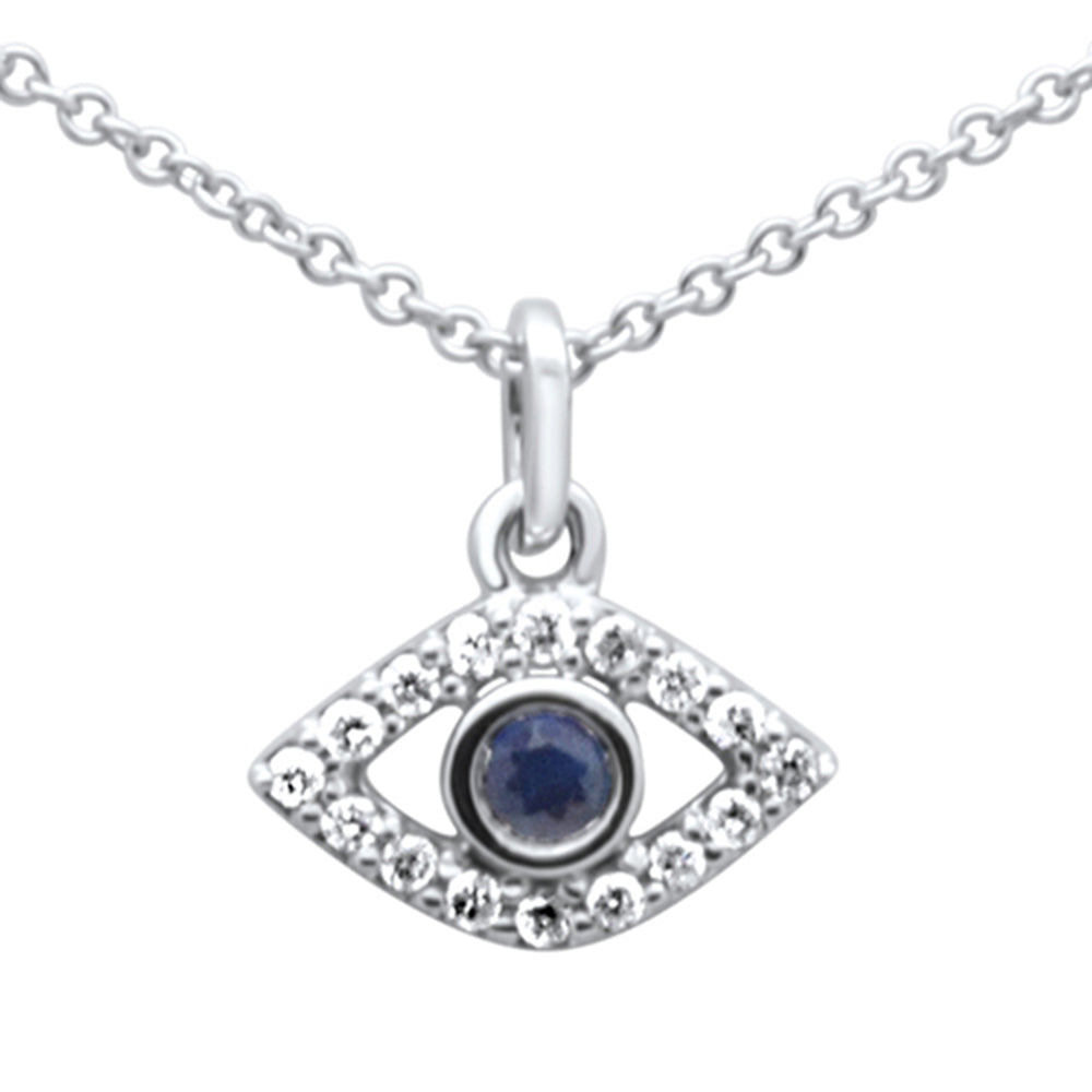 Collar con colgante de ojo malvado de zafiro azul y diamantes de oro blanco de 14K, 0.19CT.