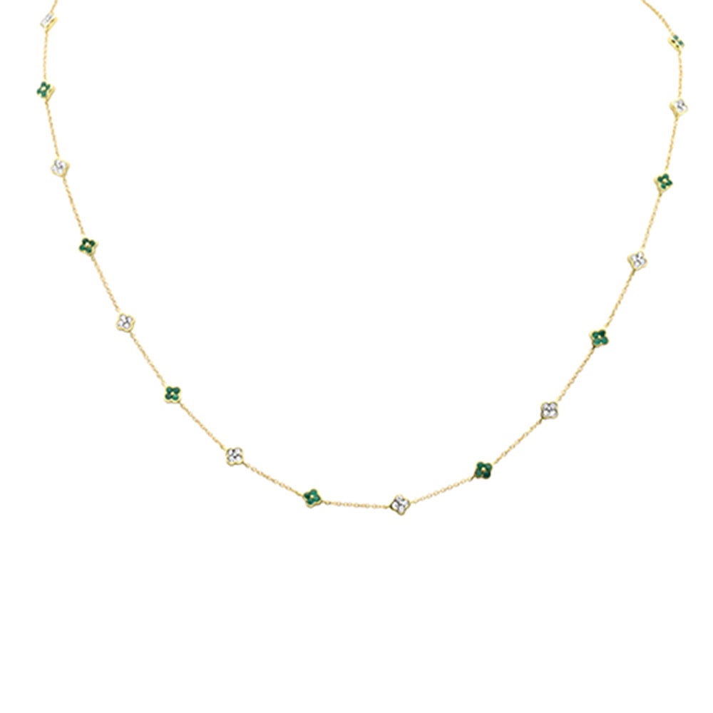 Collar Pendant Clover De Esmeralda Y Diamante En Oro Amarillo De 14K .78Ct