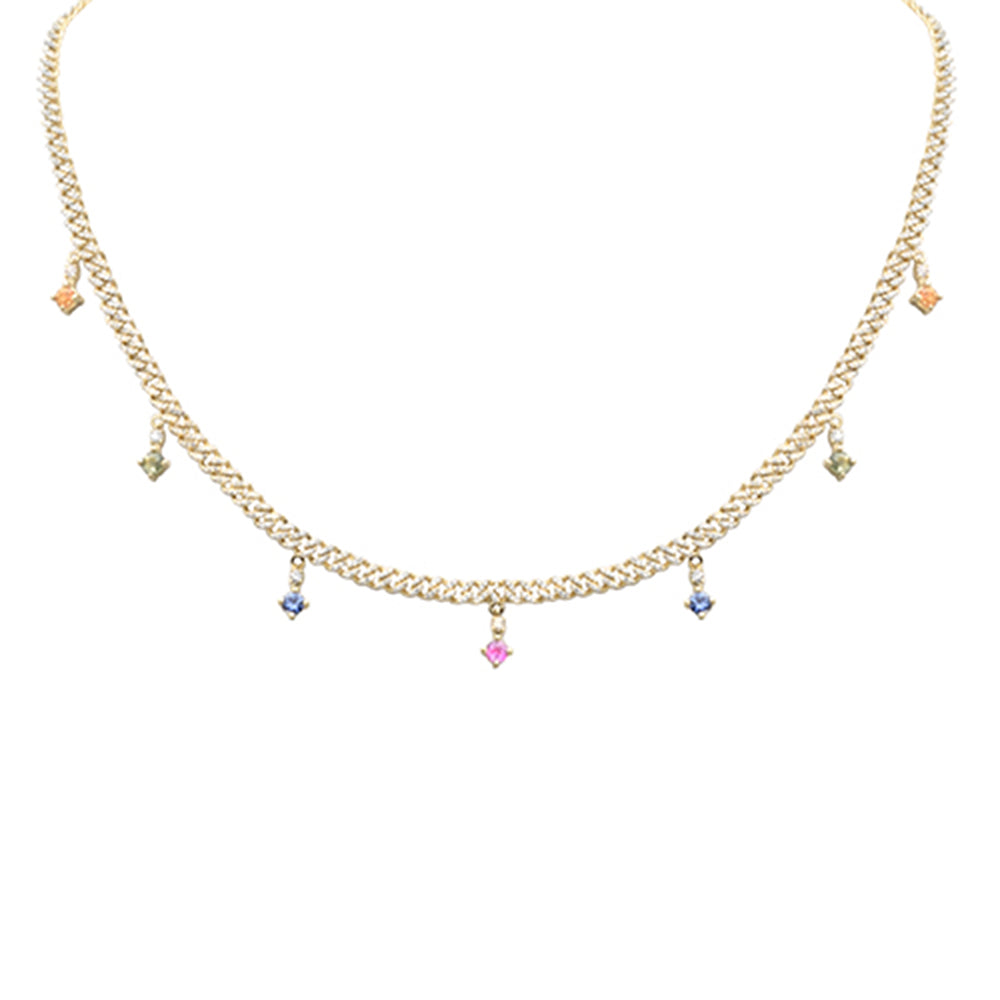 Collar Cubana Cadena De Diamante Y Piedra Preciosa En Oro Amarillo De 14K 2.08Ct