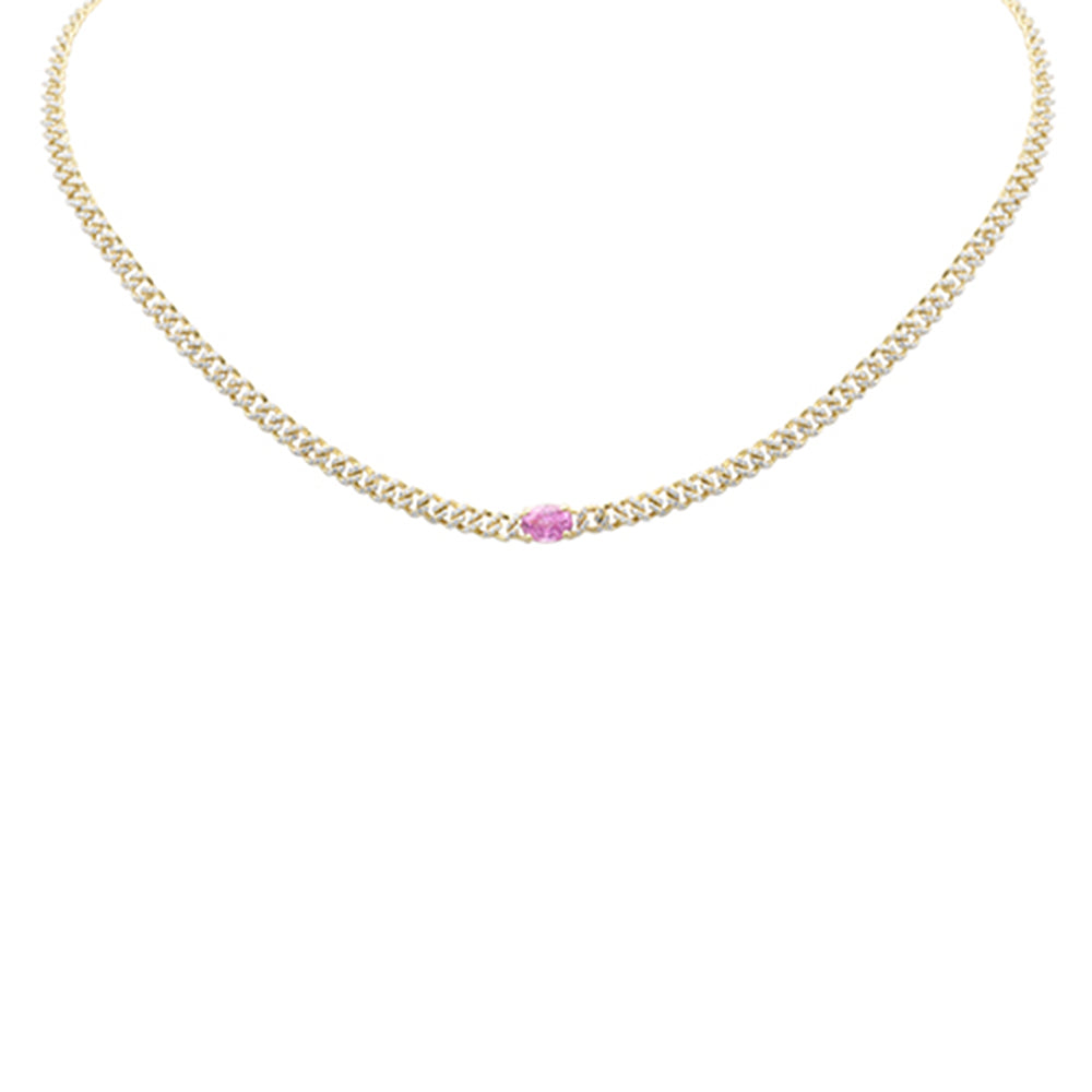 Collar Cubana Cadena De Zafiro Rosa Y Diamante En Oro Amarillo De 14K 1.84Ct