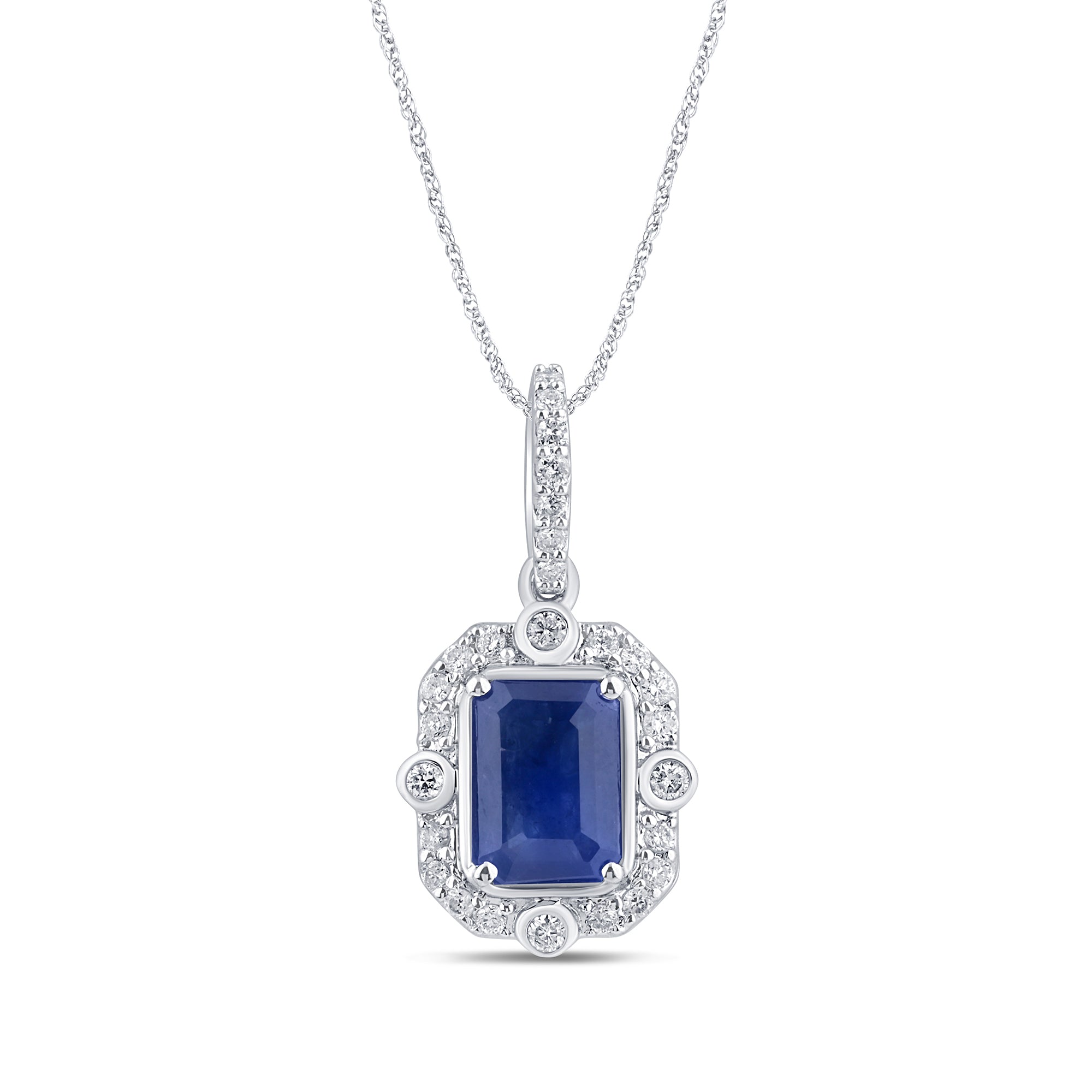 Collar con colgante de zafiro azul y diamantes en oro blanco de 14K, cadena de , 1.23CT.