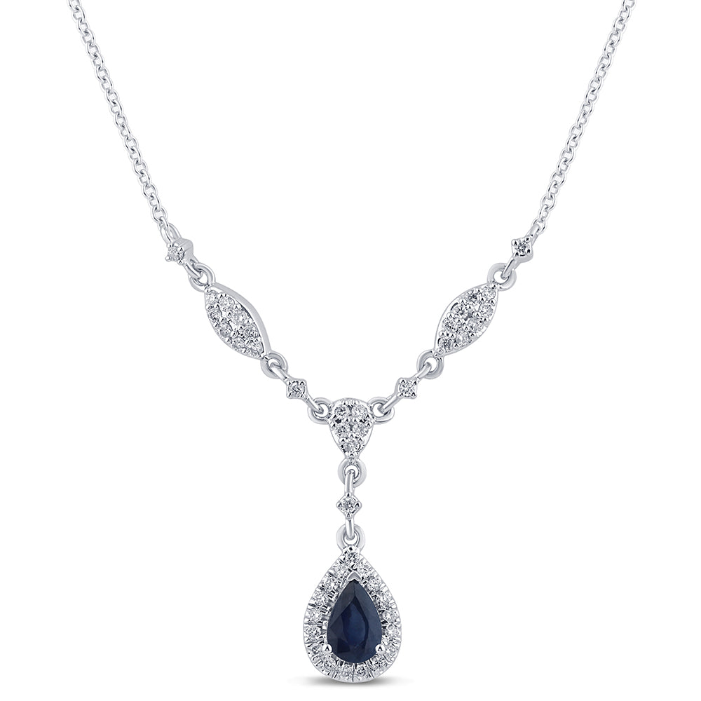 Collar con colgante en forma de gota con zafiro azul y diamantes en oro blanco de 14K, 0.84CT.