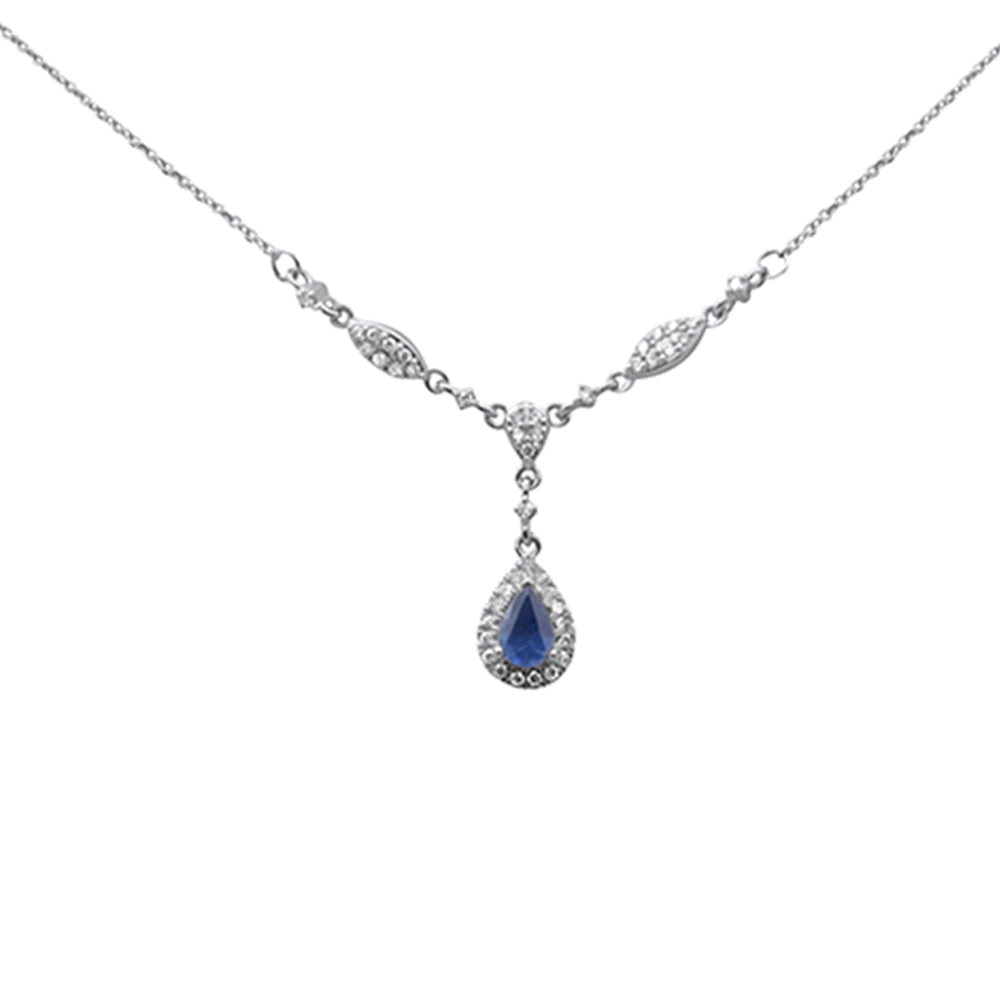 Collar con colgante en forma de gota con zafiro azul y diamantes en oro blanco de 14K, 0.84CT.