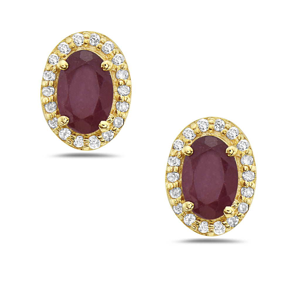 Aretes Ovalados En Oro Amarillo De 14K Con Diamante Y Rubí 1.39 Ct