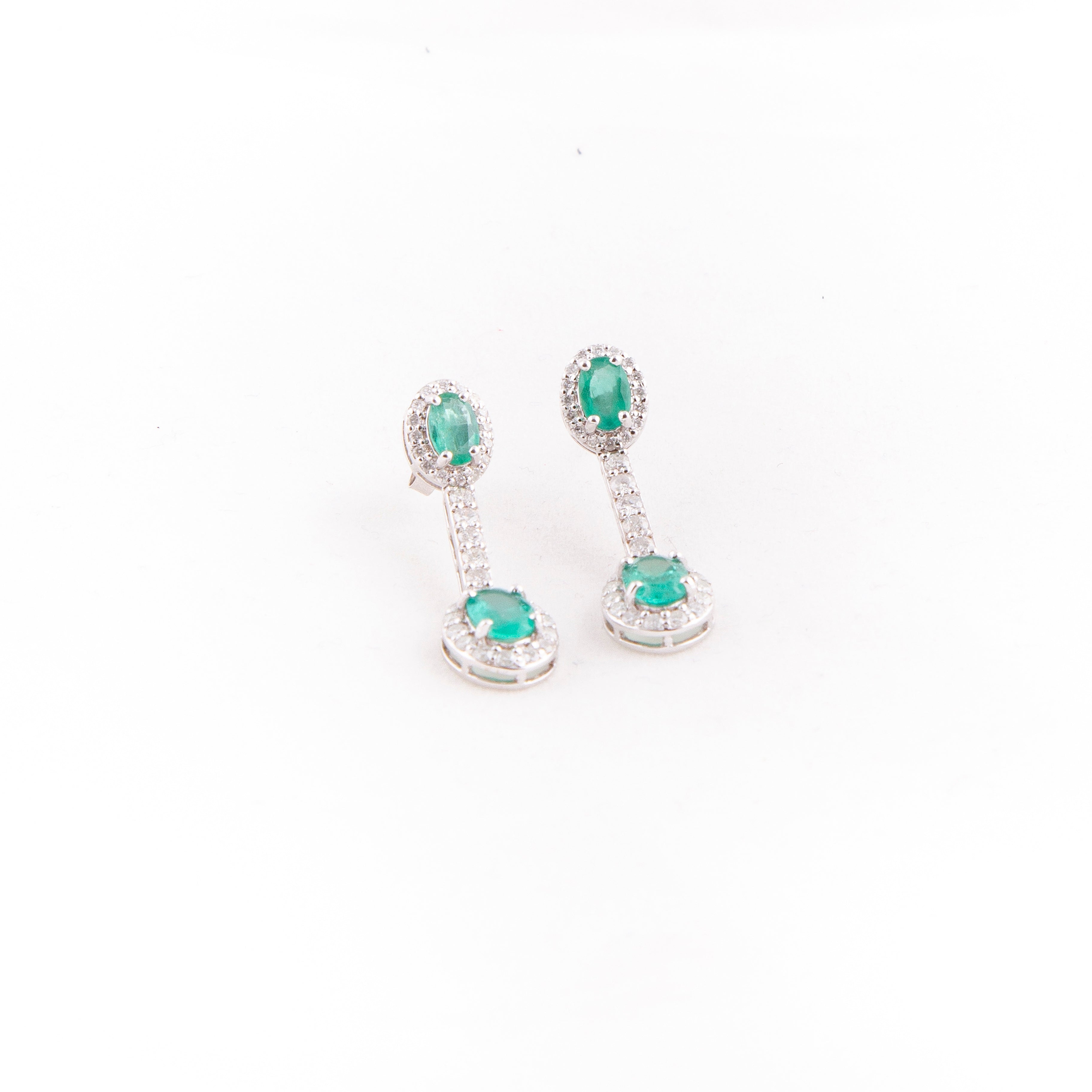 Aretes Largos / Colgantes Diamante Esmeralda Oro Blanco 14K 2.84 ct.