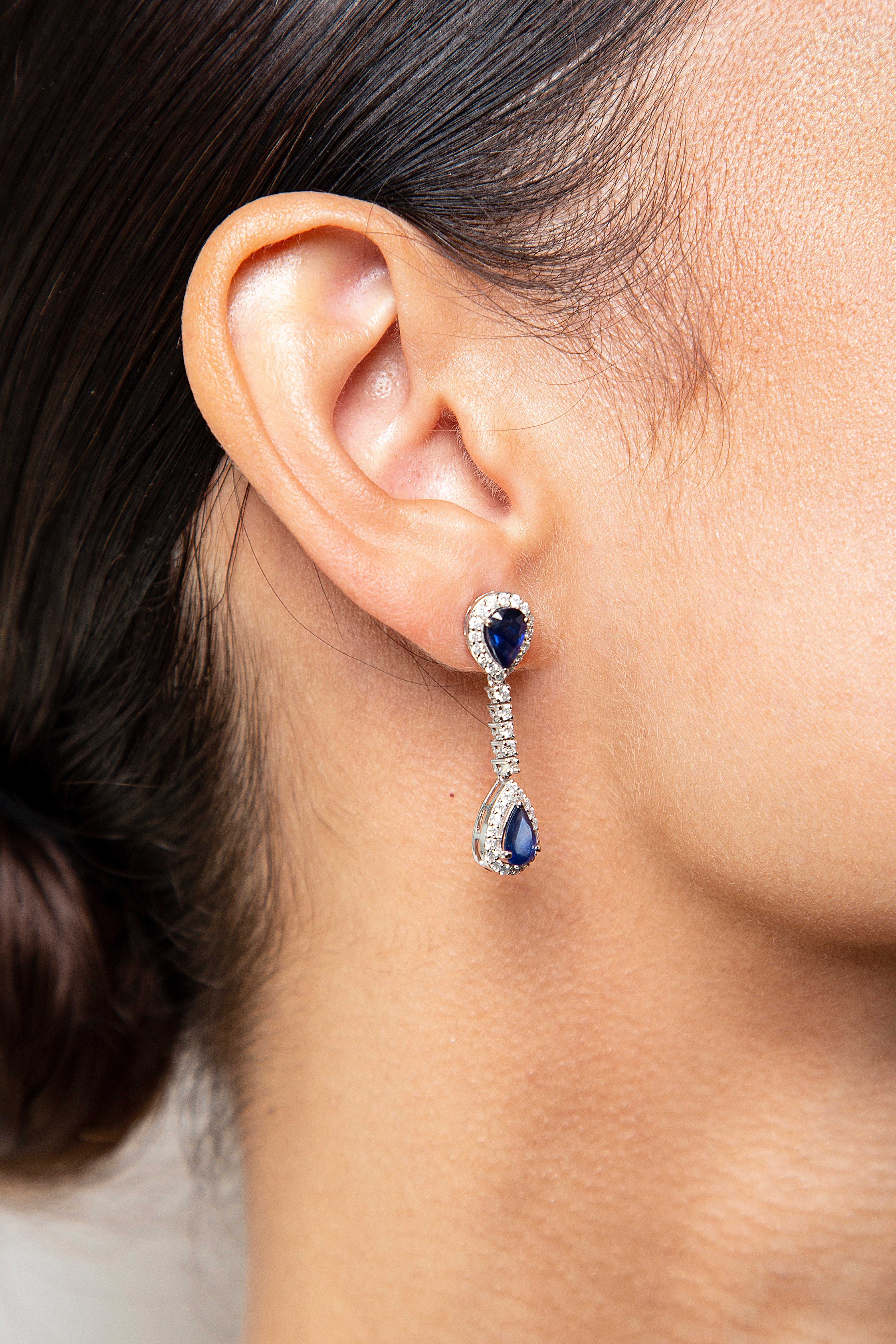 Aretes Largos / Colgantes Diamante Zafiro Oro Blanco 14K 3.39 ct.