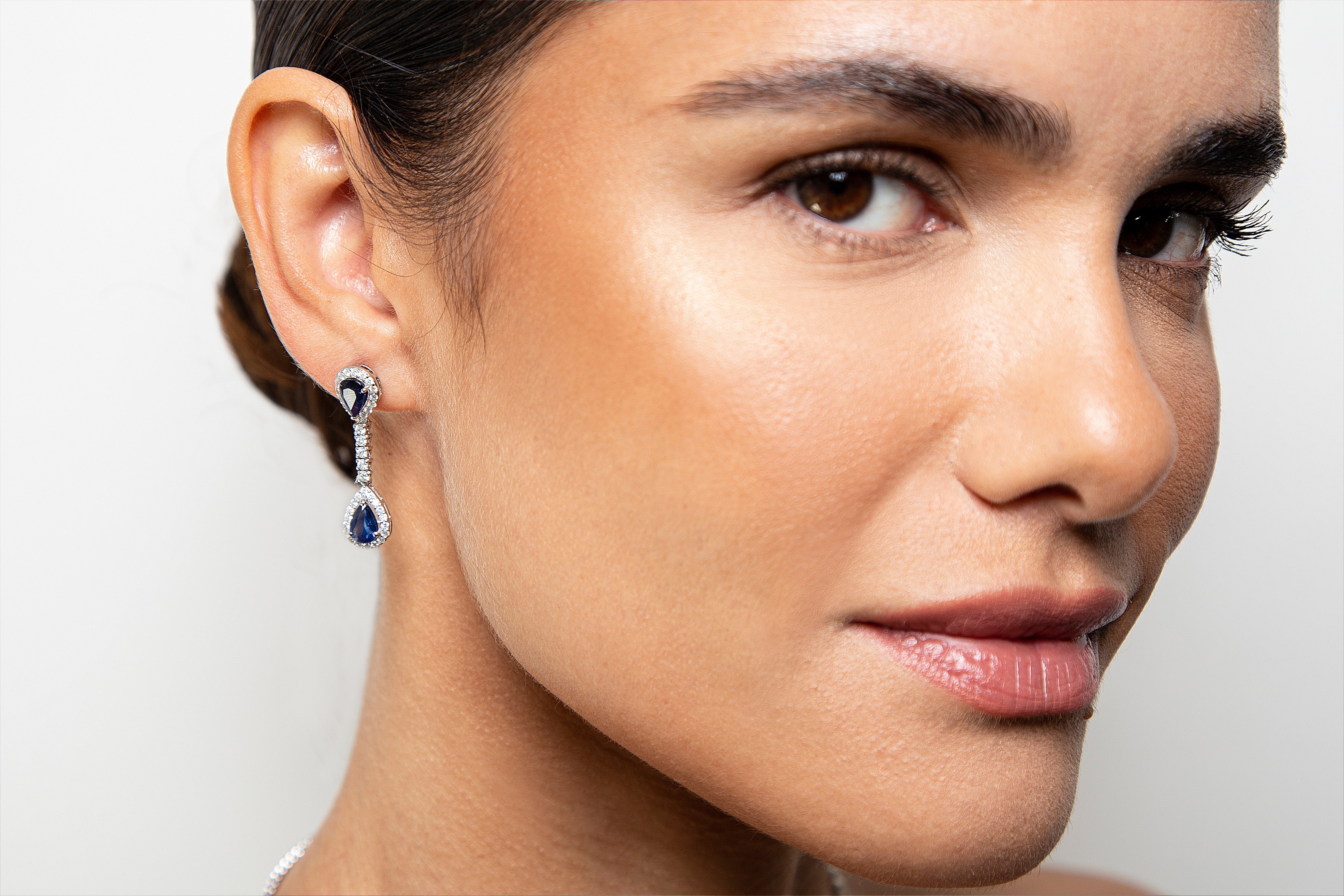 Aretes Largos / Colgantes Diamante Zafiro Oro Blanco 14K 3.39 ct.