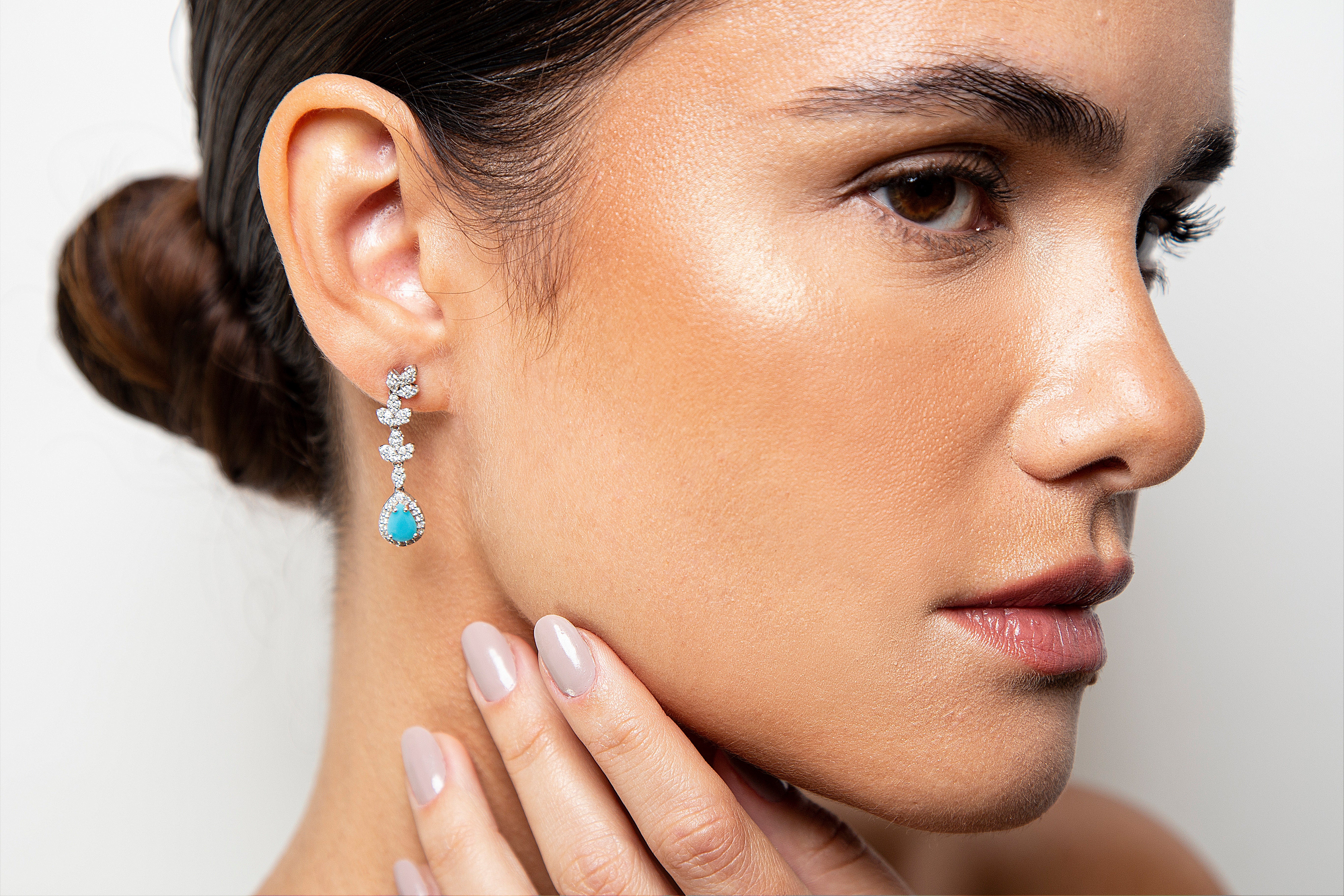 Aretes Largos / Colgantes Diamante Turquesa Oro Blanco 14K 1.96 ct.