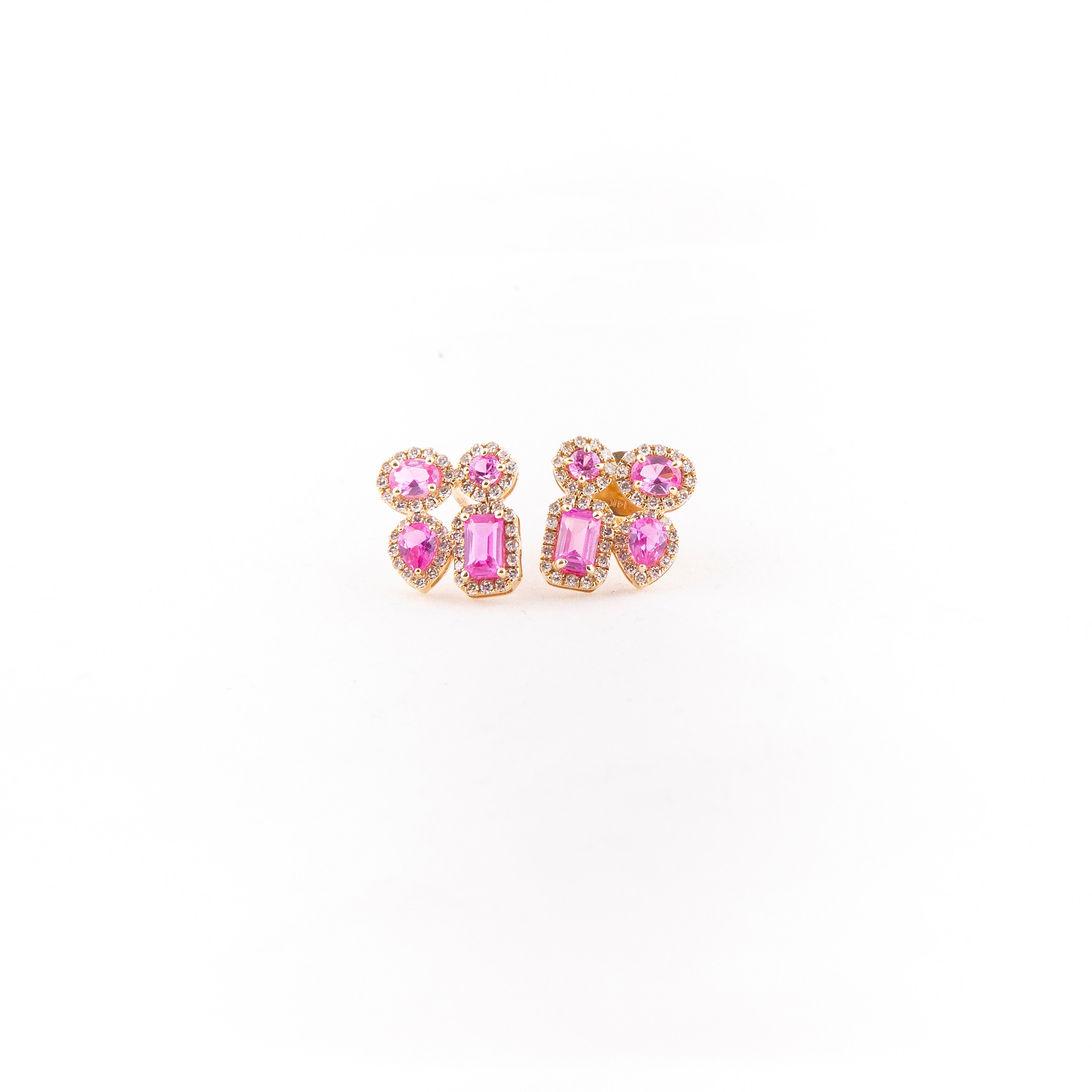 Aretes Studs Flor Diamante Zafiro Rosa Oro Amarillo 14K 2.2 ct.