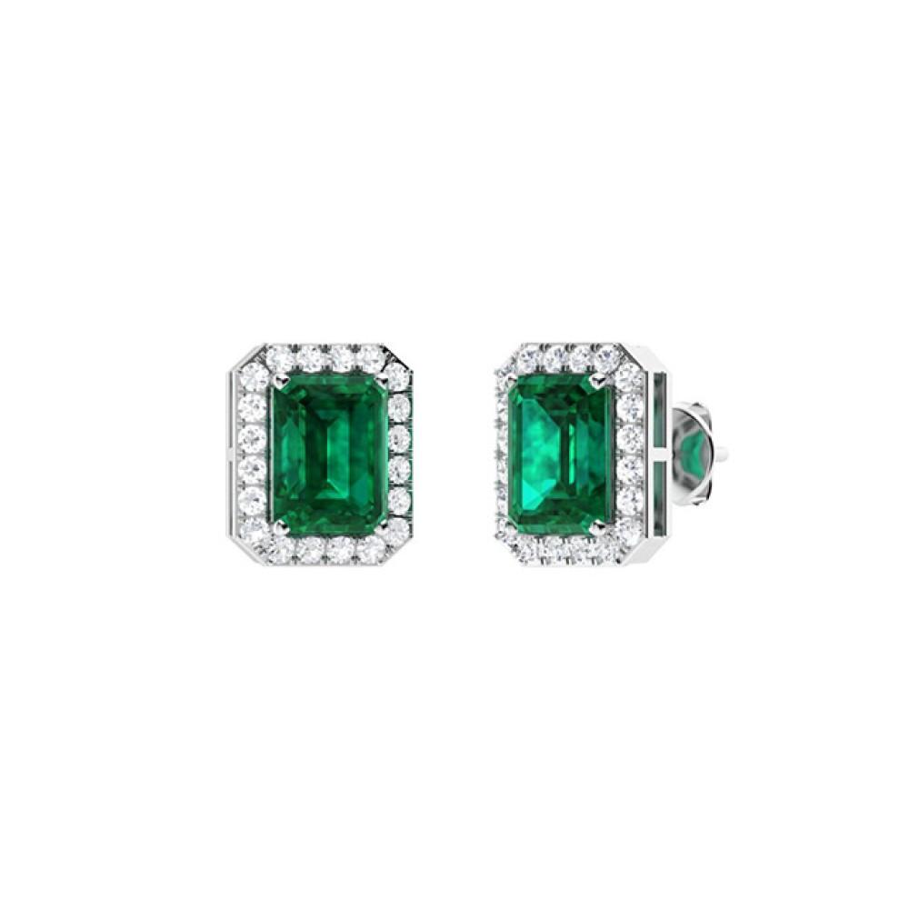 Aretes En Oro Blanco De 14K Con Diamante Y Esmeralda 0.82 Ct